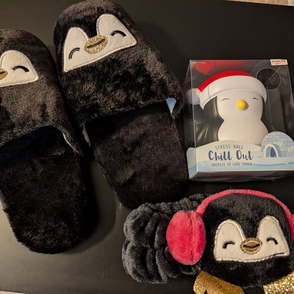 Penguin Set - New - Never Used - Slippers, Headband and Squishy stress ball